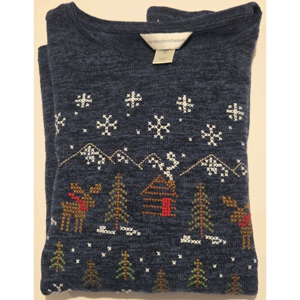 Christopher & Banks Top Womens Sz S Embroidery Winter Ski Cabin Deer Trees Snow